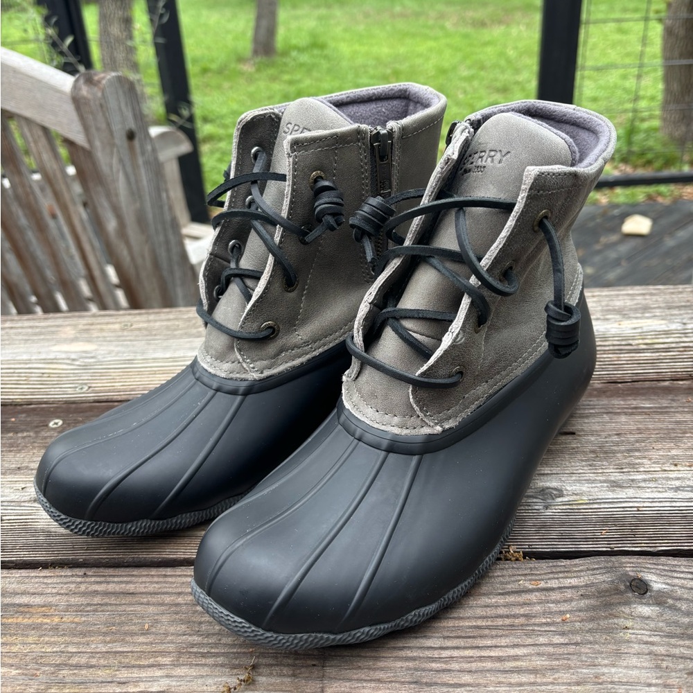 Sperry Gray and Black Rain Duck Boots, size 8 1/2